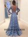 Light Blue Long Prom Dresses, Lace Prom Dresses, Long Sleeve Prom Dresses, Open-back Prom Dresses, TYP0077