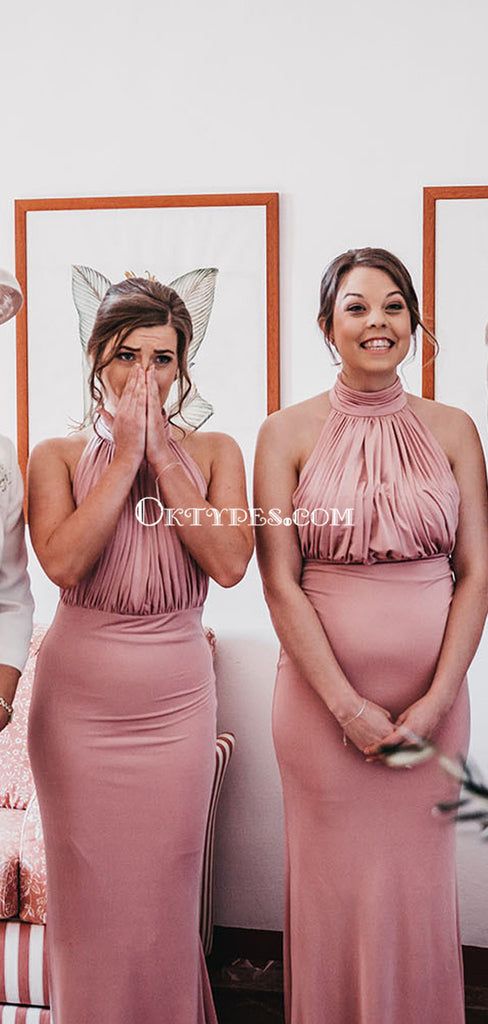 Popular Halter Pink Mermiad Long Cheap Bridesmaid Dresses, BDS0095