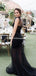 Elegant Straps Black Mermaid Organza Long Cheap Prom Dresses, BDS0089