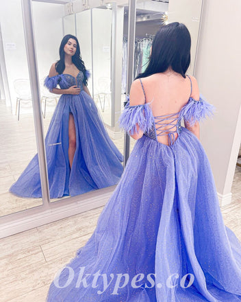 Sexy Shiny Tulle Cold Shoulder V-Neck Sleeveless Lace Up Side Slit A-Line Long Prom Dresses With Feather,PDS0819