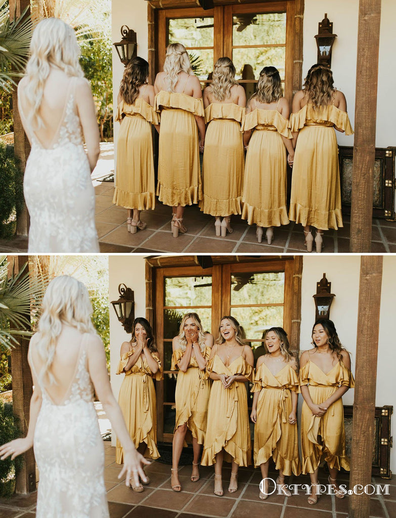 Newest Elegant Yellow V-neck Long Ankl-length Bridesmaid Dresses With Ruffles, TYP2044