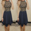 Halter Top Beaded Navy Blue Chiffon Homecoming Dresses, Homecoming Dresses, TYP0607