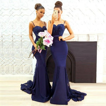 Mermaid Spaghetti Straps Long Dark Blue Bridesmaid Dresses, Bridesmaid Dresses, TYP0705