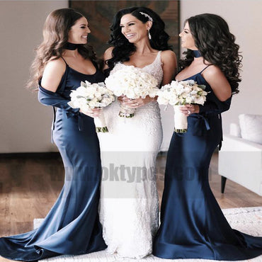 Mermaid Spaghetti Straps Cold Shoulder Navy Blue Bridesmaid Dresses, TYP0730