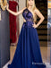 One Shoulder Evening Gowns Navy Blue Long Prom Dresses With Appliques, TYP1708