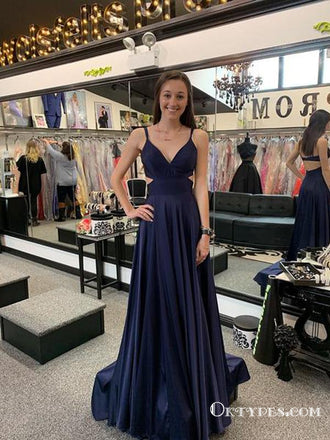 Simple A-Line Navy Blue Long Prom Dresses with Open Back, TYP1722