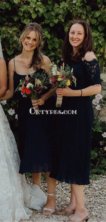 Off-The-Shoulder Navy Lace A-line Long Cheap Bridesmaid Dresses, BDS0076