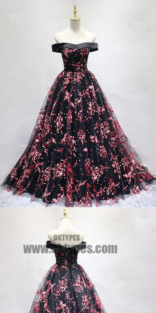 Newest Off The Shoulder Top Satin Lace Up Flower Printed Tulle A-Line Long Prom Dress, Prom Dresses, TYP0411