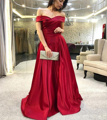 Simple Elegant Off the Shoulder Red Long Cheap Prom Dresses, TYP1729