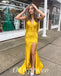 Sexy Soft Satin Spaghetti V-Neck Sleeveless Open Back Side Slit Mermaid Long Prom Dresses, PDS0893