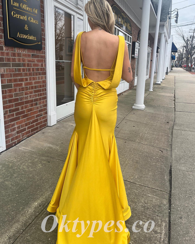Sexy Soft Satin Spaghetti V-Neck Sleeveless Open Back Side Slit Mermaid Long Prom Dresses, PDS0893