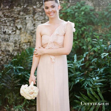 One Shoulder Sleeveless Backless A Line Chiffon Long Bridesmaid Dresses, TYP1808