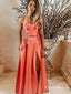 A-Line Spaghetti Straps Orange Long Prom Dresses with Pockets Appliques, TYP1671