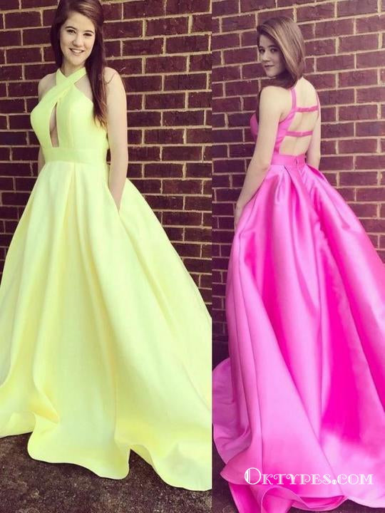 Elegant Yellow Halter Long Cheap Satin Prom Dresses, TYP1797