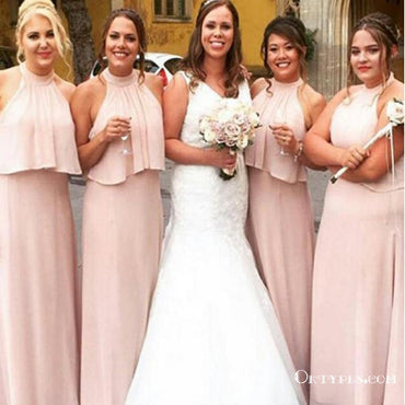 A-Line Halter Backless Long Cheap Pink Chiffon Bridesmaid Dresses, TYP1872