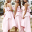 Unique Strapless High Low Pink Satin Bridesmaid Dresses with Bow Knot, TYP1053