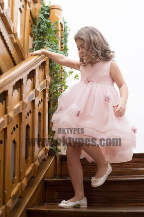 Light Pink Tulle Handmade Flower Little Girl Dresses, Cheap Flower Girl Dresses, TYP0691