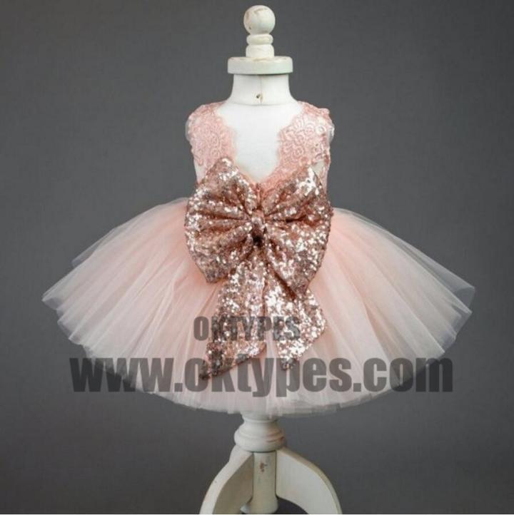 Pink Lace Tulle Bowknot Applique Flower Girl Dresses, Lovely Tutu Dresses, TYP0694