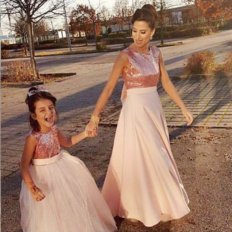 Ball Gown Round Neck Blush Pink Tulle Flower Girl Dresses with Bow Knot Sequins, TYP1329