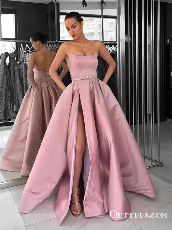 Ball Gown Strapless Split Pink Satin Long Prom Dresses with Pockets, TYP1733