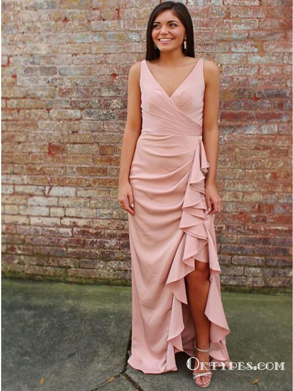 A-Line V-Neck Pink Sleeveless Floor Length Prom Dresses with Split, TYP1886