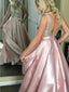 A-Line V-Neck Long Cheap Pink Satin Prom Dresses with Beading, TYP1296