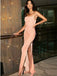 Sheath Strapless Pink Stretch Satin Long Cheap Prom Dresses with Split, TYP1884
