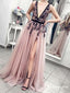 A-Line Deep V-Neck Backless Pink Tulle Long Prom Dress with Appliques, TYP1640