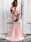 Mermaid Deep V-Neck Half Sleeves Ruched Pink Long Prom Dresses, TYP1625