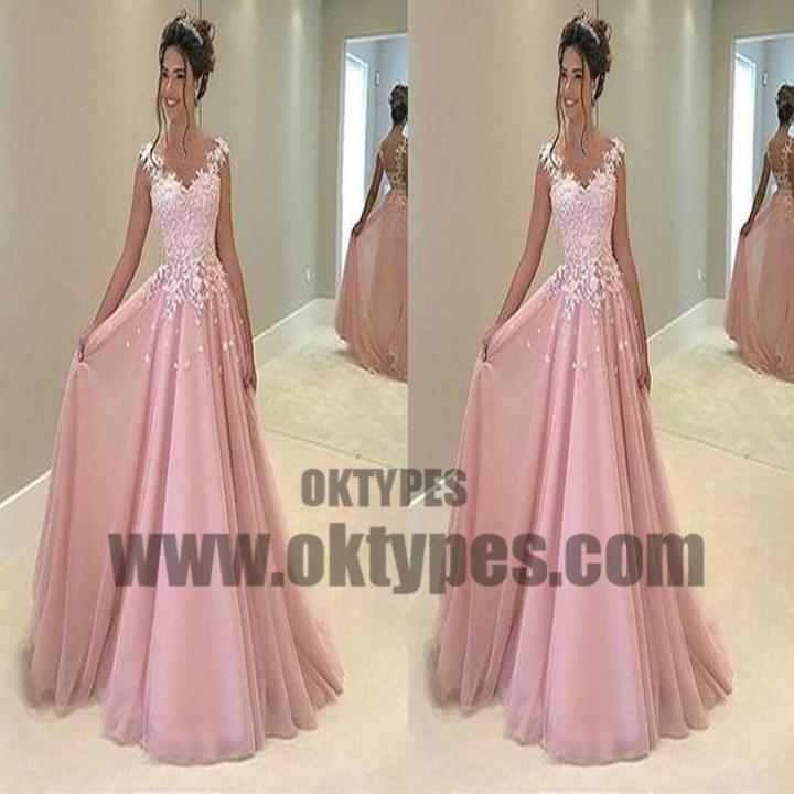 Pink Top Lace Appliques Spaghetti Strap Backless Tulle Prom Dresses, TYP0675