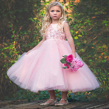 Round Neck Pink Tulle Flower Girl Dresses with Appliques&Beading, TYP1070