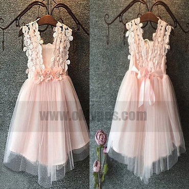 A-Line Square Short Pink Tulle Flower Girl Dress with Lace Flowers, TYP0786
