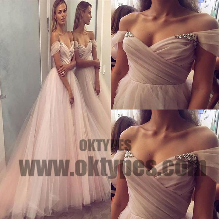 Long Light Pink Off-shoulder Ball Gown Prom Dresses With Little Beaded, TYP0581