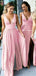 Sexy Deep V-neck Pink Jersey Side Slit A-line Long Cheap Charming Bridesmaid Dresses, BDS0037