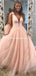 Blush Pink V Neck Straps A-line Sparkly Tulle Long Evening Prom Dresses, PDS0102