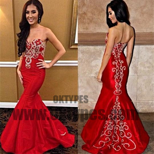 Red Long Mermaid Prom Dresses, Sweetheart Prom Dresses, Beading Prom Dresses, Appliques Prom Dresses, TYP0289