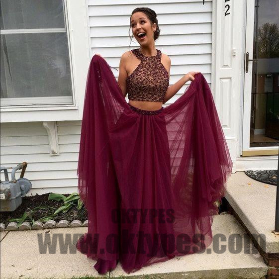 Two Piece Long Floor Length Tulle Prom Dresses, Beading Prom Dresses, Halter Prom Dresses, Charming Prom Dresses,TYP0268