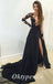 Elegant Black Lace And Tulle Long Sleeve A-Line Long Prom Dresses,PDS0798