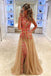 A-Line Jewel Champagne Tulle Prom Dresses with Appliques Split-Side, TYP1887