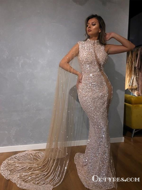 New Arrival Sparkly High Neck Sleeveless Mermad Sequin Long Cheap Evening Prom Dresses, TYP2093