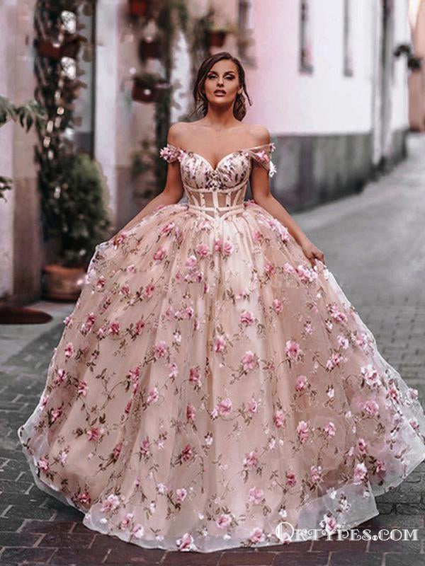Ball Gown Off-The-Shoulder Charming Newest Pink Tulle Handmade Flower Appliqued Long Cheap Prom Dresses, PDS0027