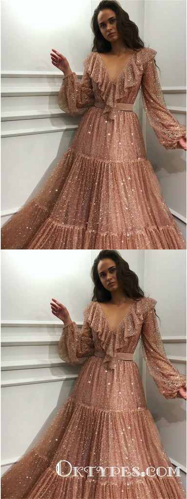 Sparkle V-neck Long Sleeves V-neck Evening Prom Dresses with Ruffles, TYP1670