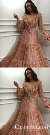 Sparkle V-neck Long Sleeves V-neck Evening Prom Dresses with Ruffles, TYP1670