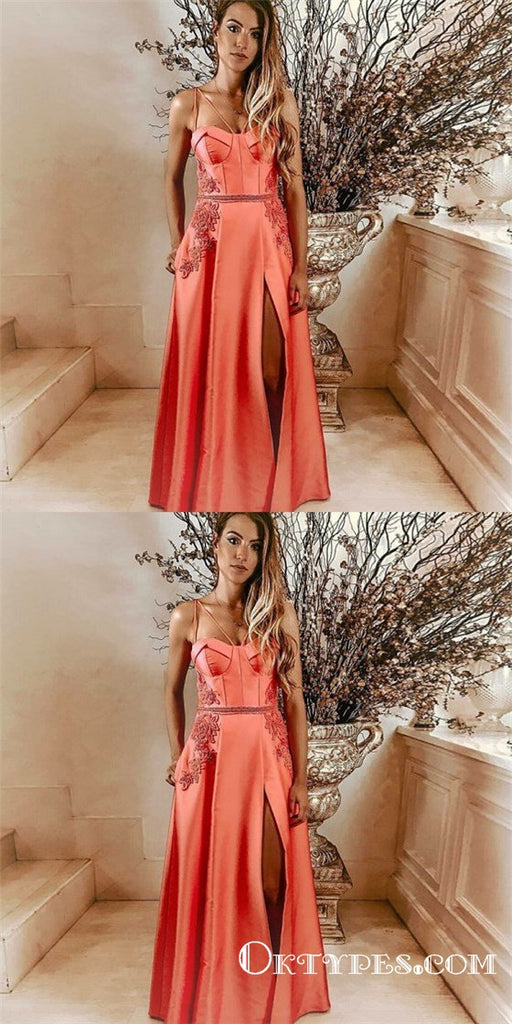 A-Line Spaghetti Straps Orange Long Prom Dresses with Pockets Appliques, TYP1671