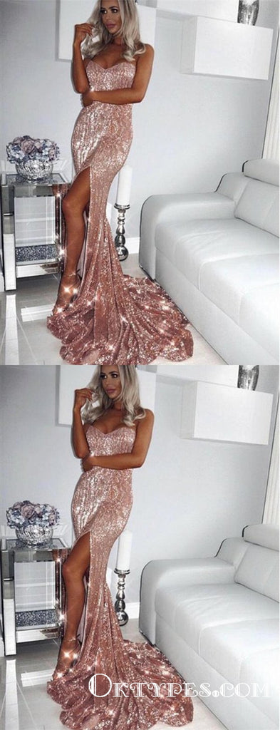 Mermaid  Sweetheart Pink Sequin Long Prom Dresses With Slit, TYP1698
