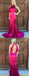 Mermaid Jewel Open Back Fuchsia Soft Satin Prom Dresses with Ruffles, TYP1299