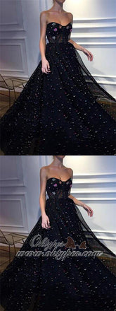 Black A-line Sweetheart Long Tulle Prom Dresses with Beaded, TYP1460