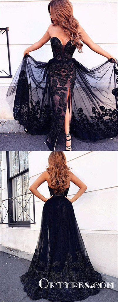 Mermaid Sweetheart Split Front Detachable Train Black Lace Prom Dresses, TYP1849