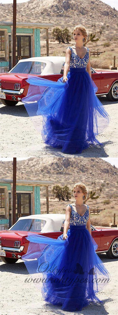 Royal blue A-line Straps Long Cheap Tulle Prom Dresses Online, TYP1357