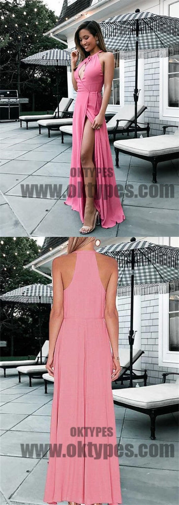 Pink Open Chest Side Split Chiffon Satin Long Floor Length Prom Dresses, TYP0577